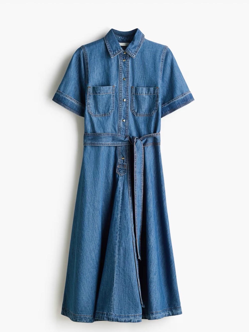 H&M Blue Denim Midi Shirt Dress with Tie Belt